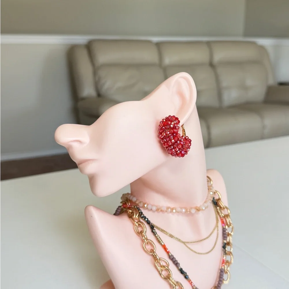 Trendy Red Beaded Hoop Earrings - Women Jewelry
